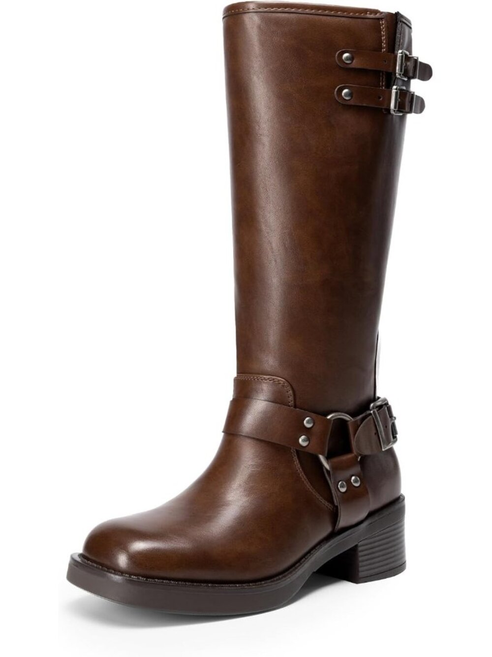 Dream Pairs Women's Brown Moto Knee High Low Heel Buckle Side ZIP Boots